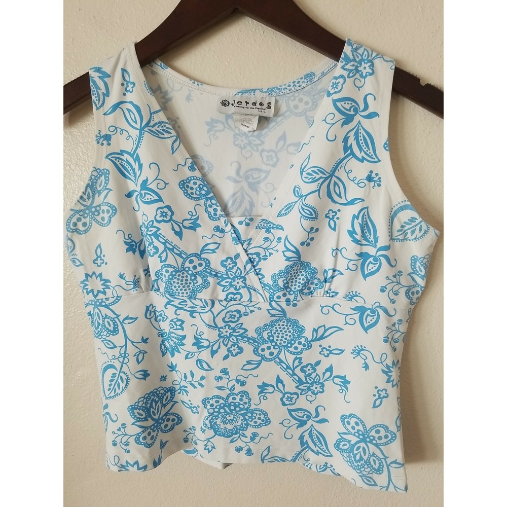 JERDOG Women's Sleeveless V Neck White Blue Stretch Crop Length Top Size S